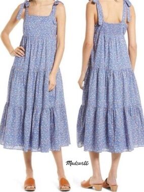Madewell Tie-Strap Tiered Midi Dress M in Summer Vines Hermitage Blue Floral